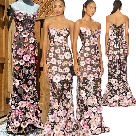 🆕 BRONX & BANCO 🧿 NWOT Jasmine Floral-Appliqued Gown Black Multi - SzXS US 2